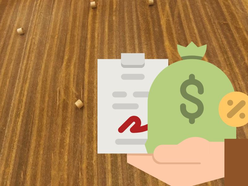 prikaz njive i osobe koja drži vrećicu u ruci i dokumenta simulirajući na poljoprivredni kredit